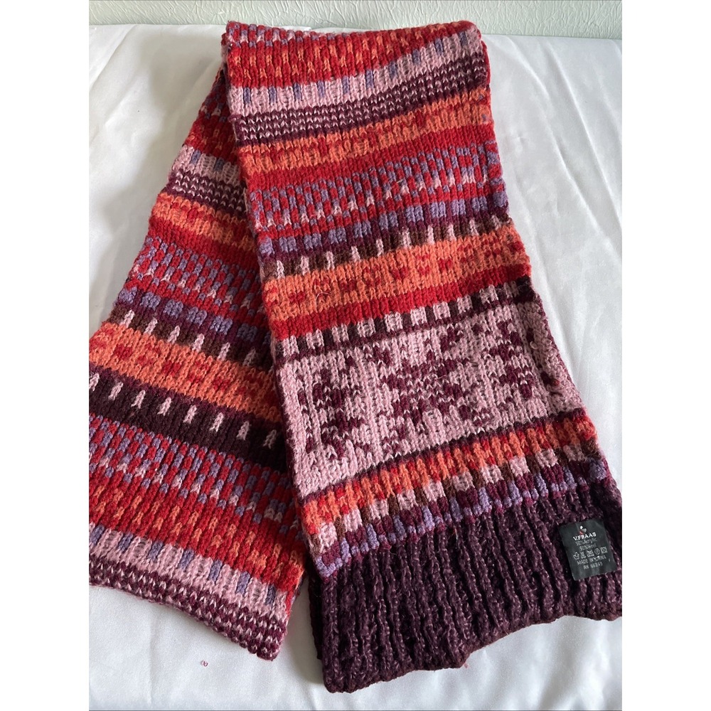 V.FRAAS Wool Blend Pink Orange Doodle Print Scarf Wrap‎ Winter Striped Colorful